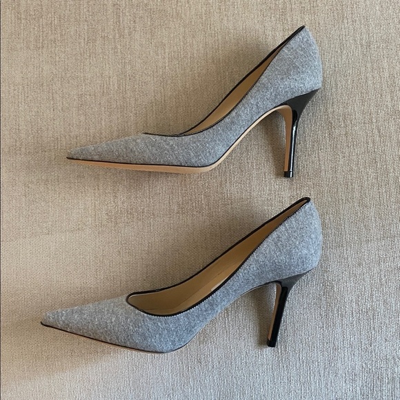 JIMMY CHOO  Jimmy Choo Agnes Gray Wool Pumps Patent Leather Trim Black Heels 37.5/US 7.5